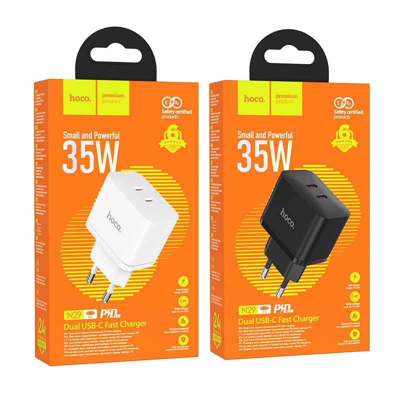 Chargeur rapide Hoco 35W à 2 ports USB-C avec câble USB-C 1 m - Noir