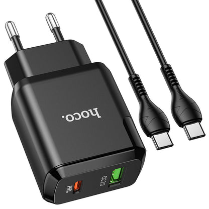 Hoco 20W Snellader 2-poorts USB-C + USB-A met USB-C Kabel 1m - Zwart