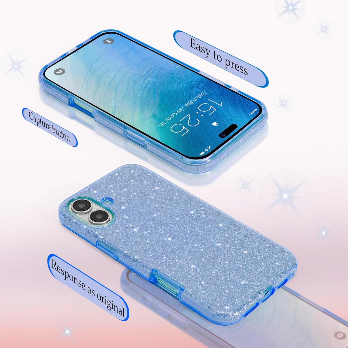 Apple iPhone 16 Hülle - Blau - Glitzer-Backcover