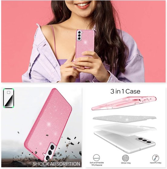 Samsung Galaxy S21 Plus Hoesje - Roze - Glitter Back Cover