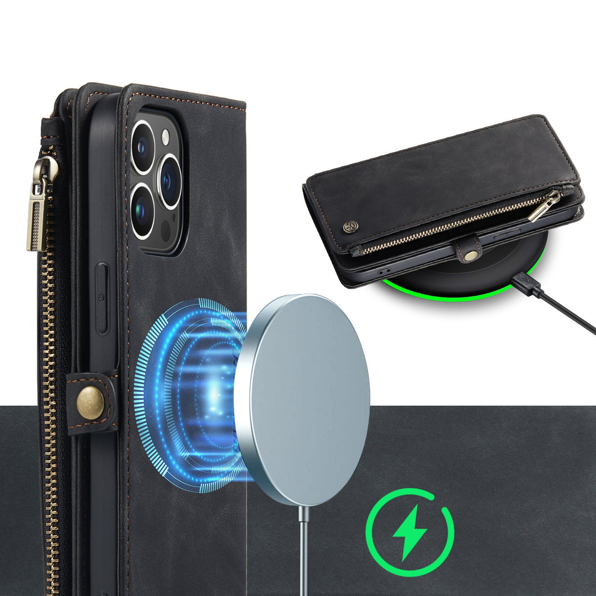 Apple iPhone 15 Hoesje - Charcoal Gray - Luxe MagSafe Bookcase met Rits en Telefoonkoord