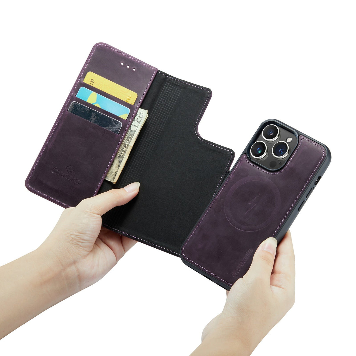 Apple iPhone 15 Pro Hoesje - Dark Purple - Echt Leren 2 in 1 MagSafe Bookcase