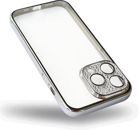 Apple iPhone 12 Hoesje - Zilver - Transparant Glitter Back Cover met Camerabescherming