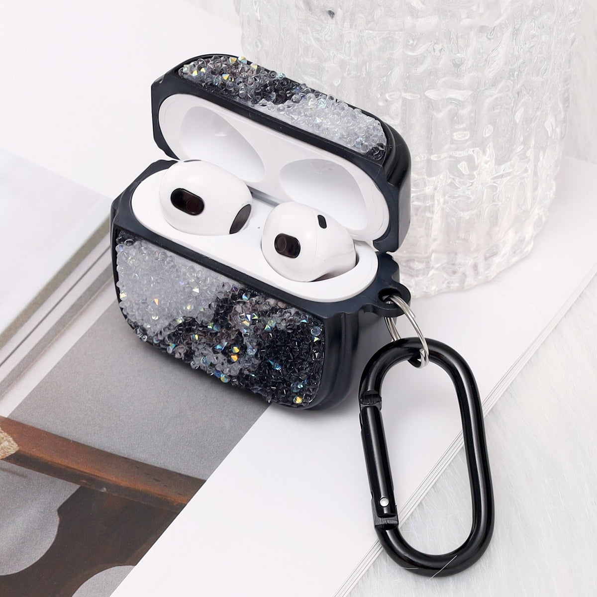 Apple AirPods 3 Hoesje - Diamant Marmer Glitter met Ring - Zwart