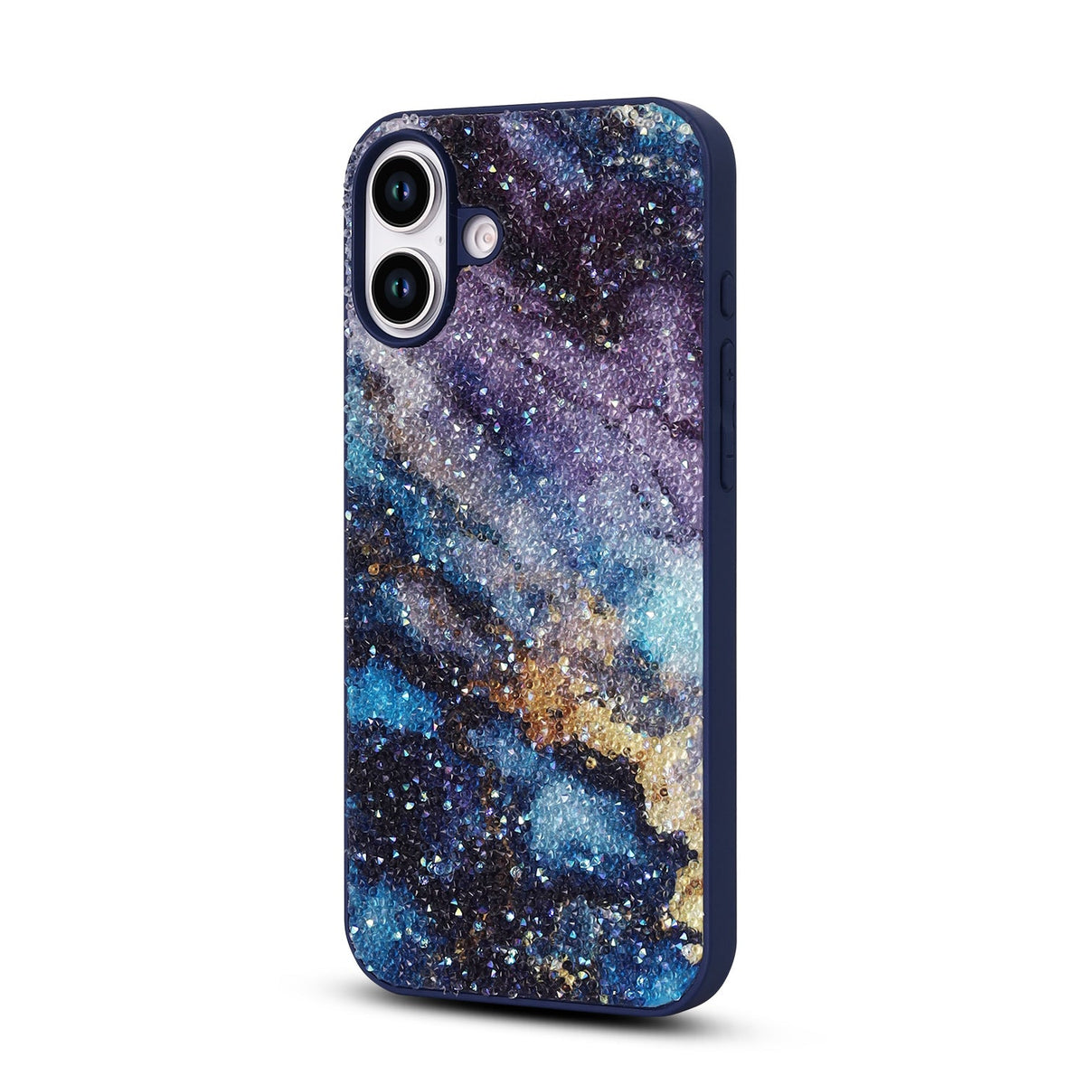 Apple iPhone 16 Hoesje - Blauw - Diamant Marmer Glitter Back Cover