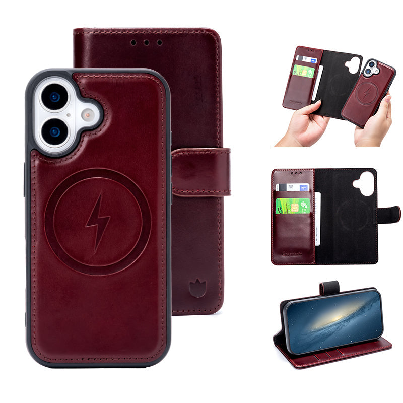 Apple iPhone 17 Hülle - Burgundy Red - Echtleder MagSafe Klapphülle mit Kartenfach