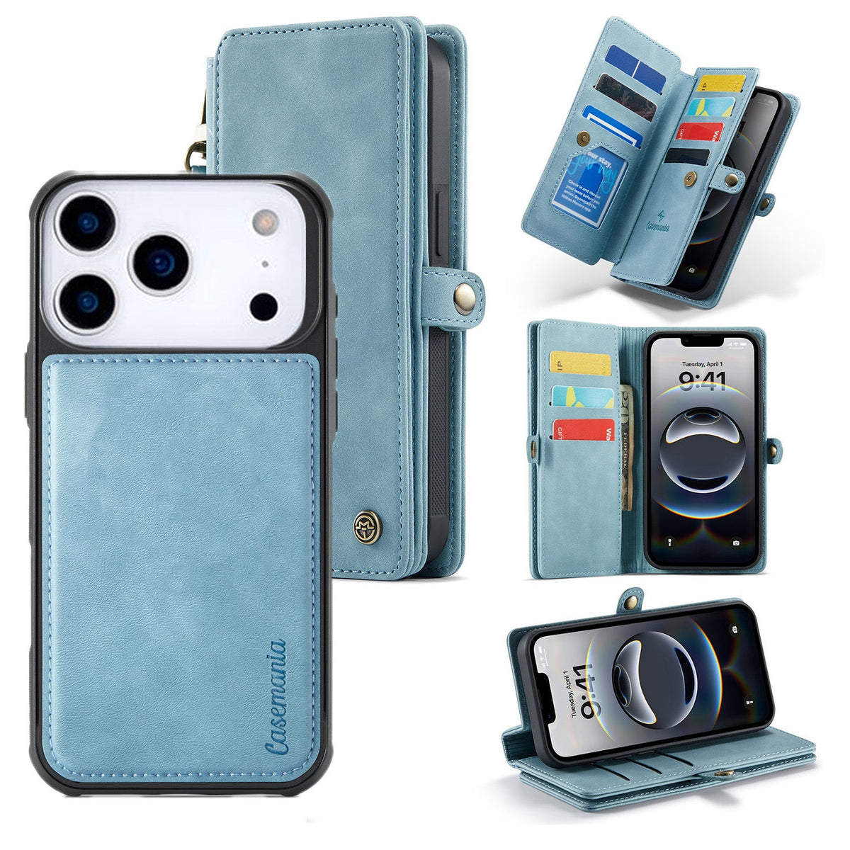 Étui pour Apple iPhone 18 Pro Max - Bleu Aqua - Bookcase 2 en 1 de luxe avec 10 porte-cartes et dragonne