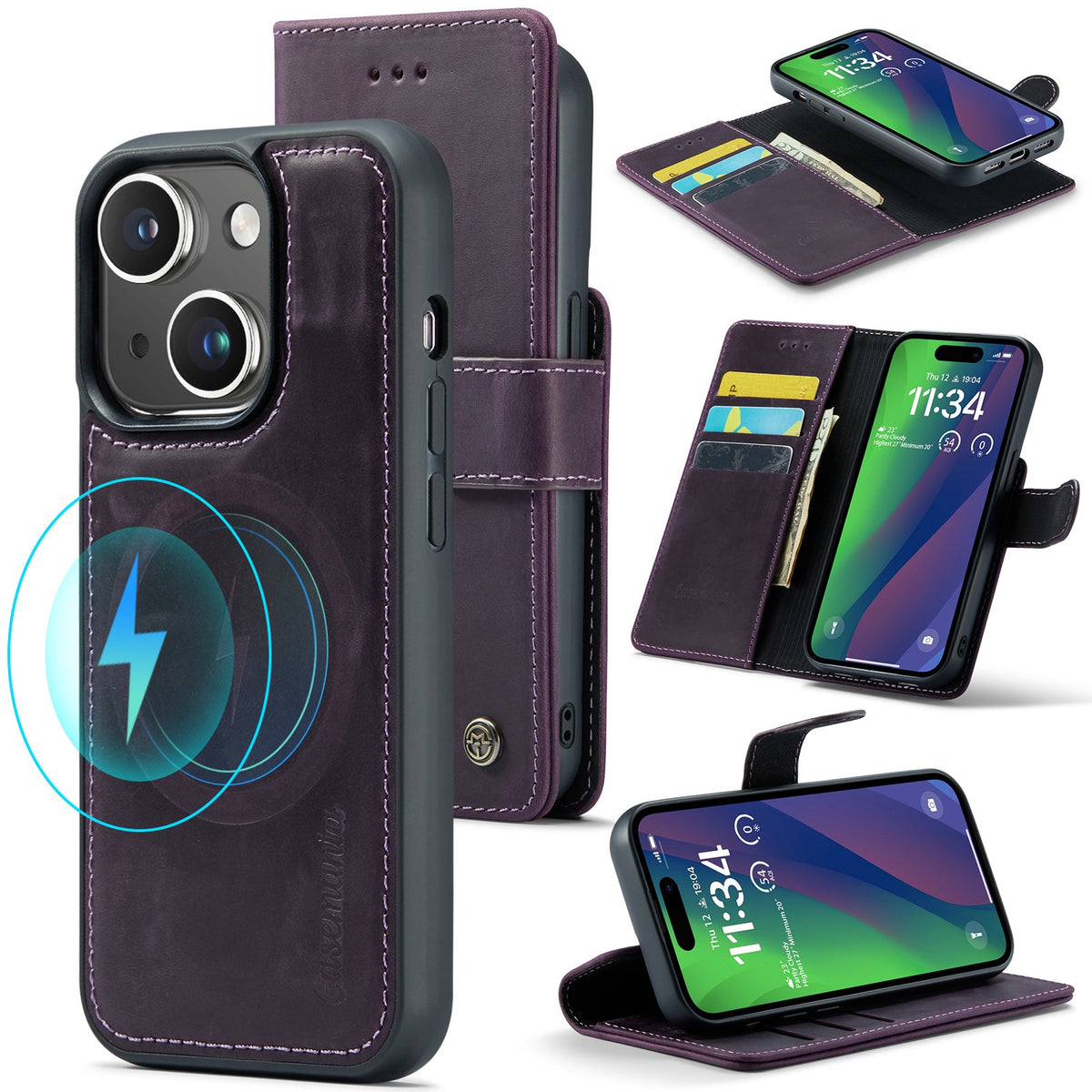 Apple iPhone 15 Plus Hoesje - Dark Purple - Echt Leren 2 in 1 MagSafe Bookcase