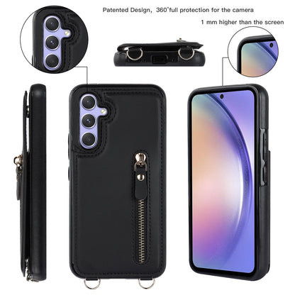 Samsung Galaxy A14 Case - Black - Luxury Back Cover with Phone Strap and Zip