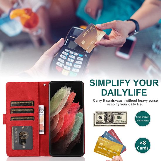 Samsung Galaxy S22 Ultra Hoesje - Rood - Extra Stevige Luxe Bookcase met Rits en Vakken