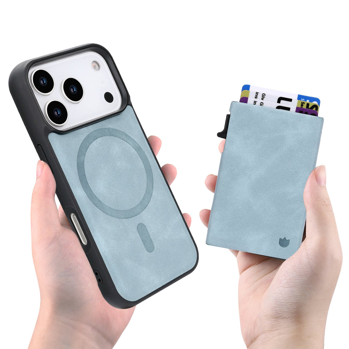 Apple iPhone 18 Pro Hoesje - Aqua Blue - Kunstleren MagSafe Back Cover met Uitschuifbare Pasjeshouder