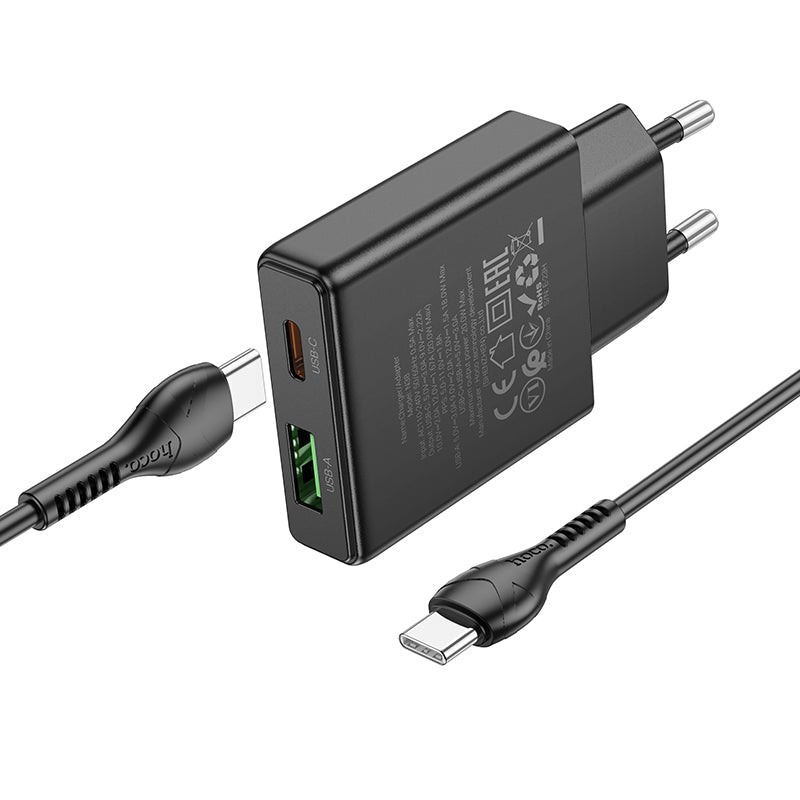 Hoco 20W Slim-Schnellladegerät 2-Port USB-C + USB-A mit USB-C-Kabel 1m - Schwarz