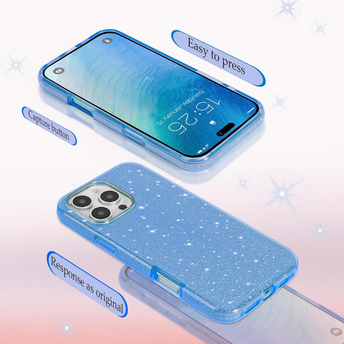 Apple iPhone 16 Pro Max Case - Blue - Glitter Back Cover