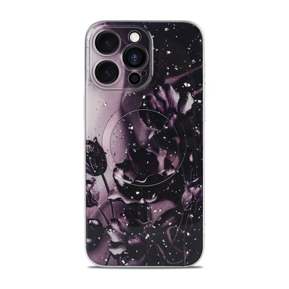 Apple iPhone 12 Pro Hoesje - Donker Paars - Bloemen Glitter MagSafe Back Cover