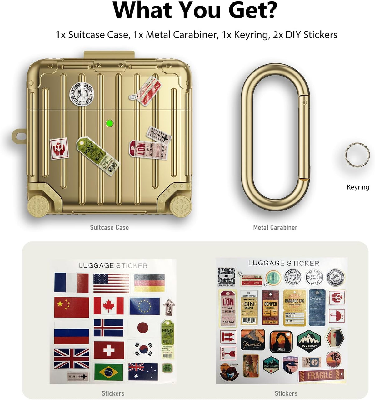 Étui pour Apple AirPods 4 - Valise Suit Case avec autocollants - Or
