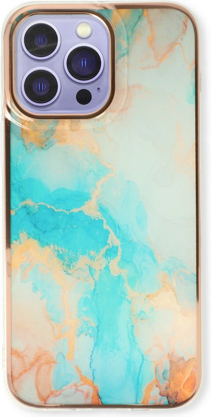 Apple iPhone 13 Pro Max Hoesje - Aqua - Siliconen Marmer Back Cover