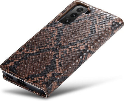 Samsung Galaxy S21 FE Hoesje - Bruin - Luxe Slangen Bookcase