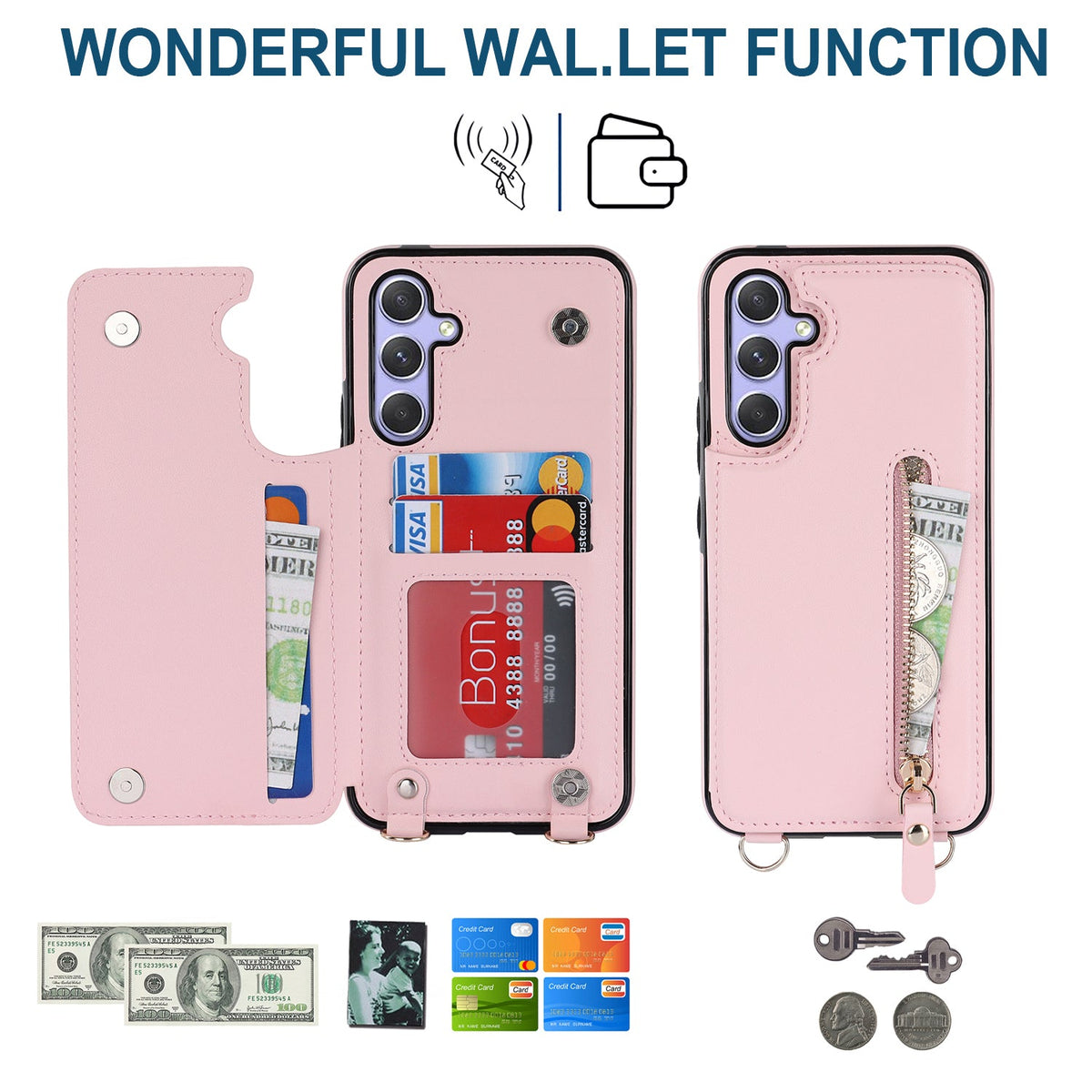 Samsung Galaxy A14 4G Hoesje - Roze - Luxe Back Cover met Telefoonkoord en Rits