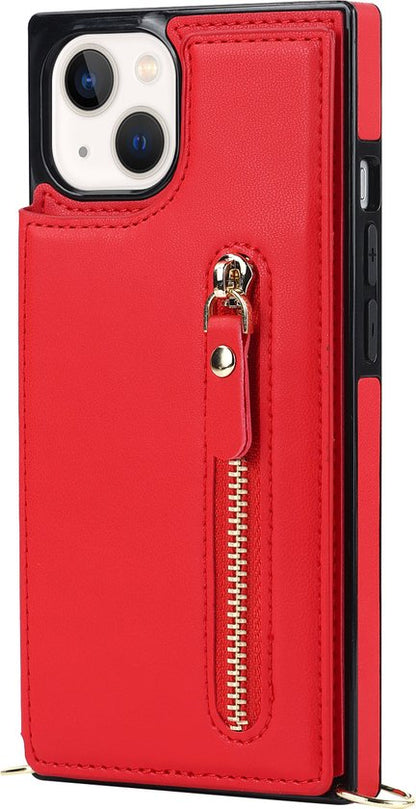 Apple iPhone 14 Hoesje - Rood - Luxe Back Cover met Telefoonkoord en Rits