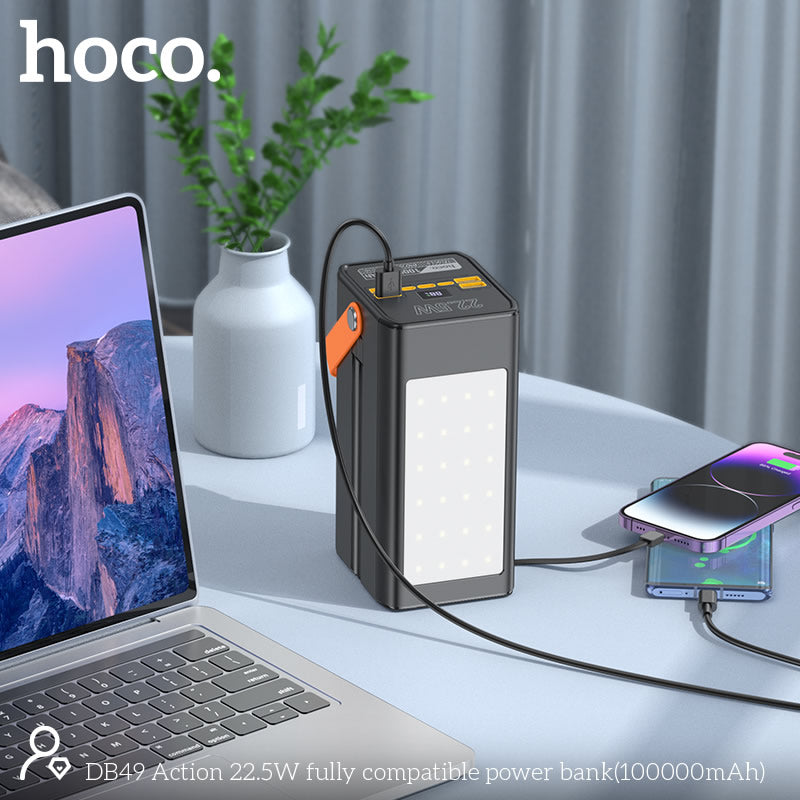 Hoco Powerbank 100.000mAh 22.5W met Ingebouwde Kabels - Zwart