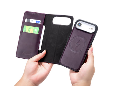 Apple iPhone Air Hoesje - Dark Purple - Echt Leren MagSafe Bookcase