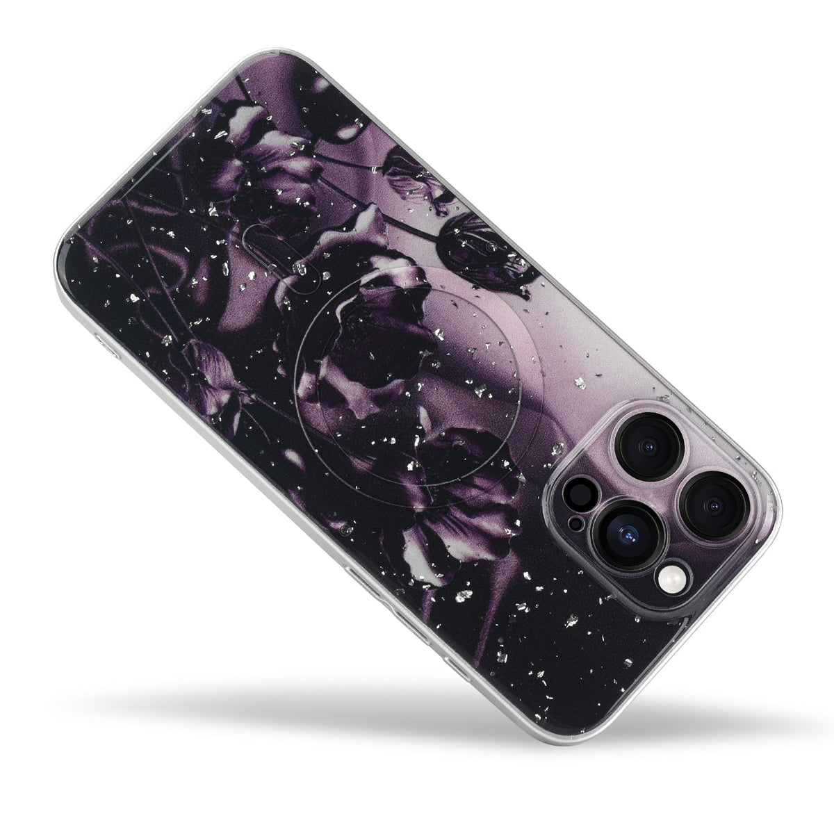 Apple iPhone 14 Pro Max Hoesje - Donker Paars - Bloemen Glitter MagSafe Back Cover