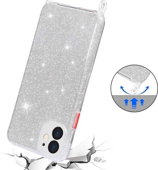 Samsung Galaxy S21 Plus Hoesje - Zilver - Glitter Back Cover met Telefoonkoord