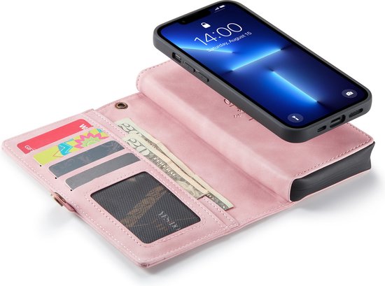 Apple iPhone 13 Hoesje - Pale Pink - Luxe 2 in 1 Bookcase met 10 Kaart Vakken en Polskoord