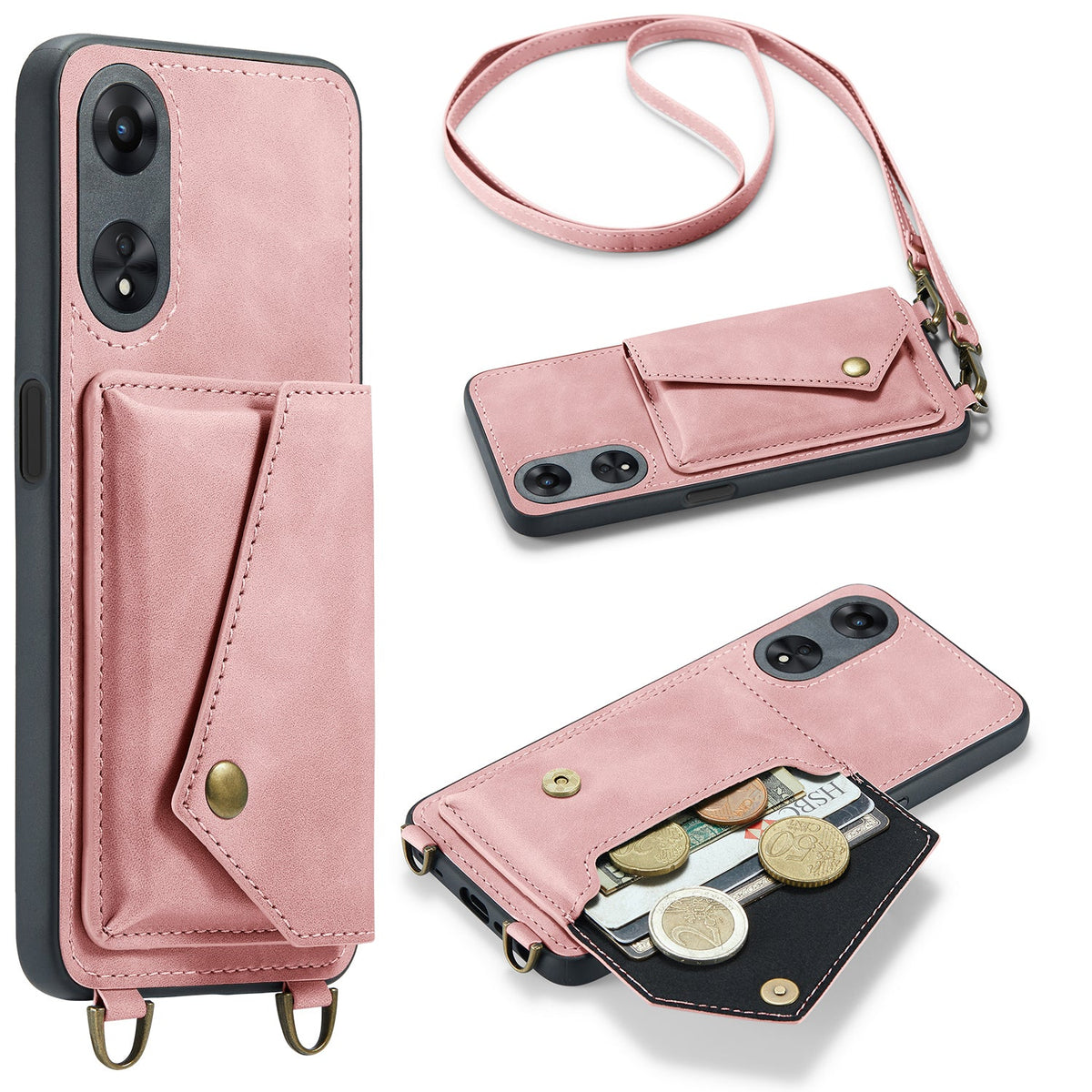 Coque Oppo A98 - Rose pâle - Étui arrière de luxe avec cordon pour téléphone