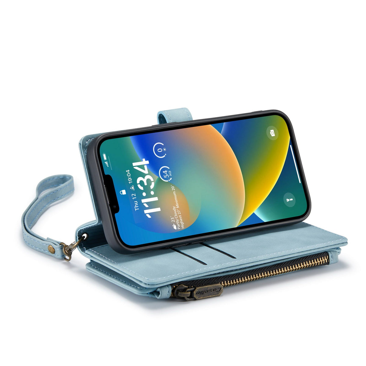 Apple iPhone 7 Hoesje - Aqua Blue - Luxe Bookcase met Rits en Telefoonkoord