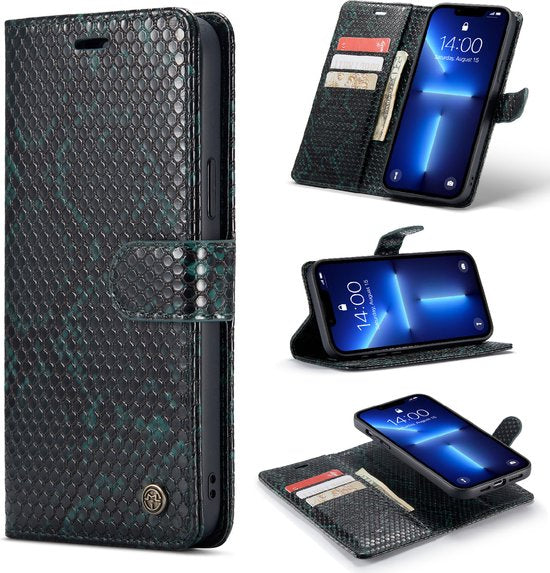Apple iPhone 13 Hoesje - Groen - Luxe Slangen Bookcase