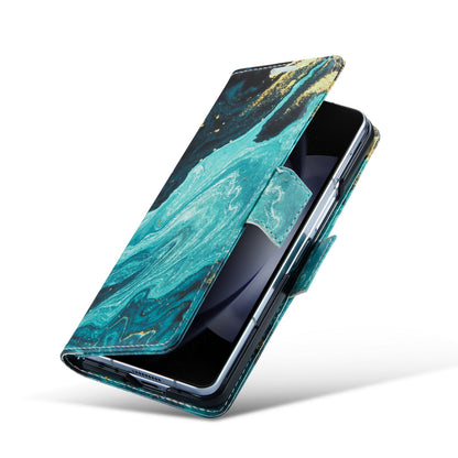 Samsung Galaxy Z Fold 5 Hoesje - Blue Aquamarine - Marmer Portemonnee Bookcase