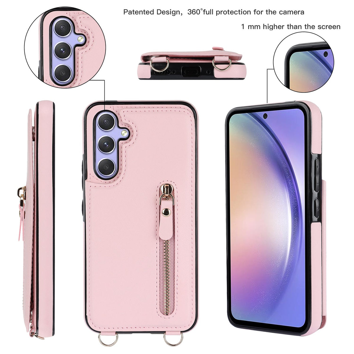 Coque Samsung Galaxy A54 - Rose - Étui arrière de luxe avec cordon et fermeture éclair