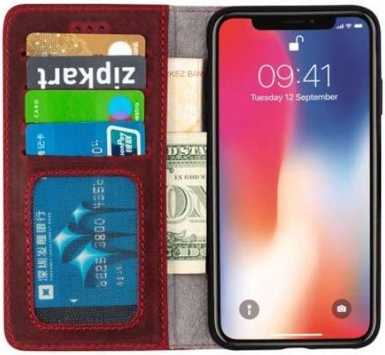 Apple iPhone Xs Max Hülle - Rot - Echtleder-Klapphülle mit Kartenfach