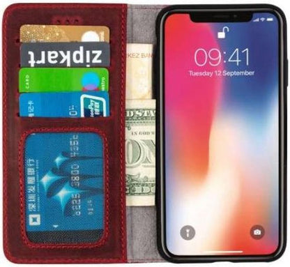 Apple iPhone Xs Max Hülle - Rot - Echtleder-Klapphülle mit Kartenfach