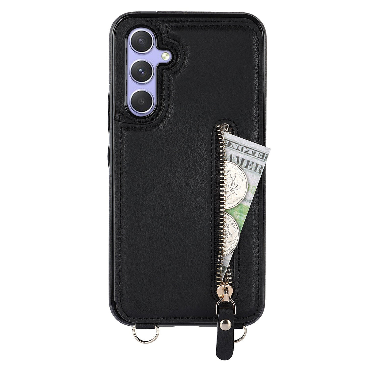 Samsung Galaxy A16 Case - Black - Luxury Back Cover with Phone Strap and Zipper