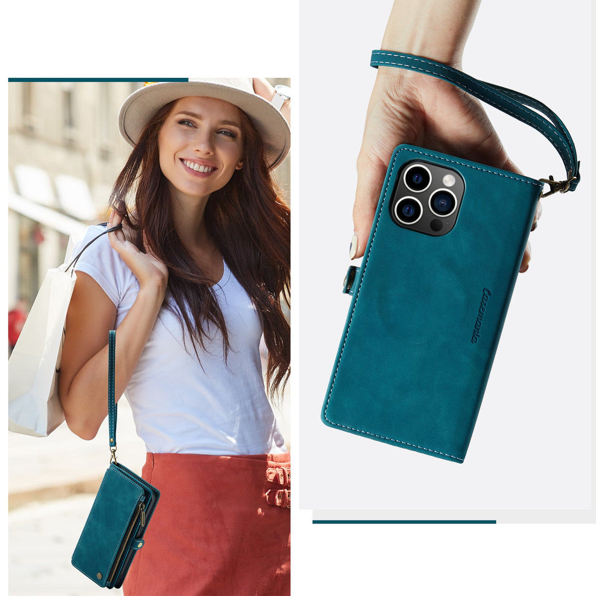 Apple iPhone 15 Pro Max Hoesje - Emerald Green - Luxe MagSafe Bookcase met Rits en Telefoonkoord