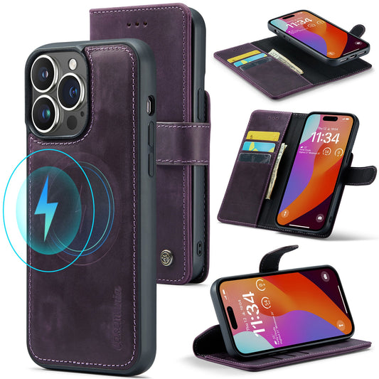 Apple iPhone 15 Pro Hülle - Dark Purple - Echtleder-2-in-1-MagSafe-Klapphülle mit Kartenfach