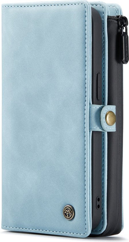 Apple iPhone 13 Mini Case - Aqua Blue - Luxury 2-in-1 Wallet Case with 10 Card Slots and Wrist Strap