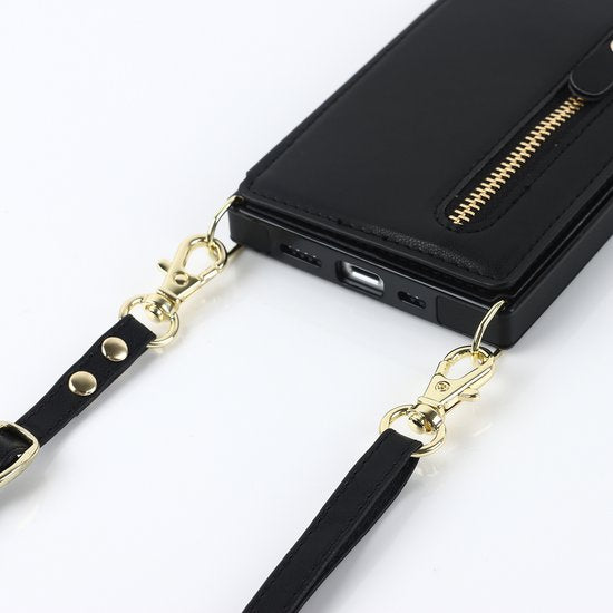 iPhone 13 Hoesje - Zwart - Luxe Back Cover met Telefoonkoord en Rits