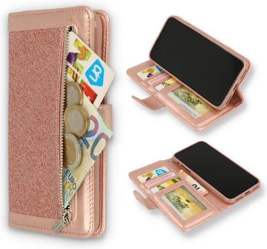 Apple iPhone 11 Pro Hoesje - Rosegoud - Glitter Luxe Bookcase met Rits