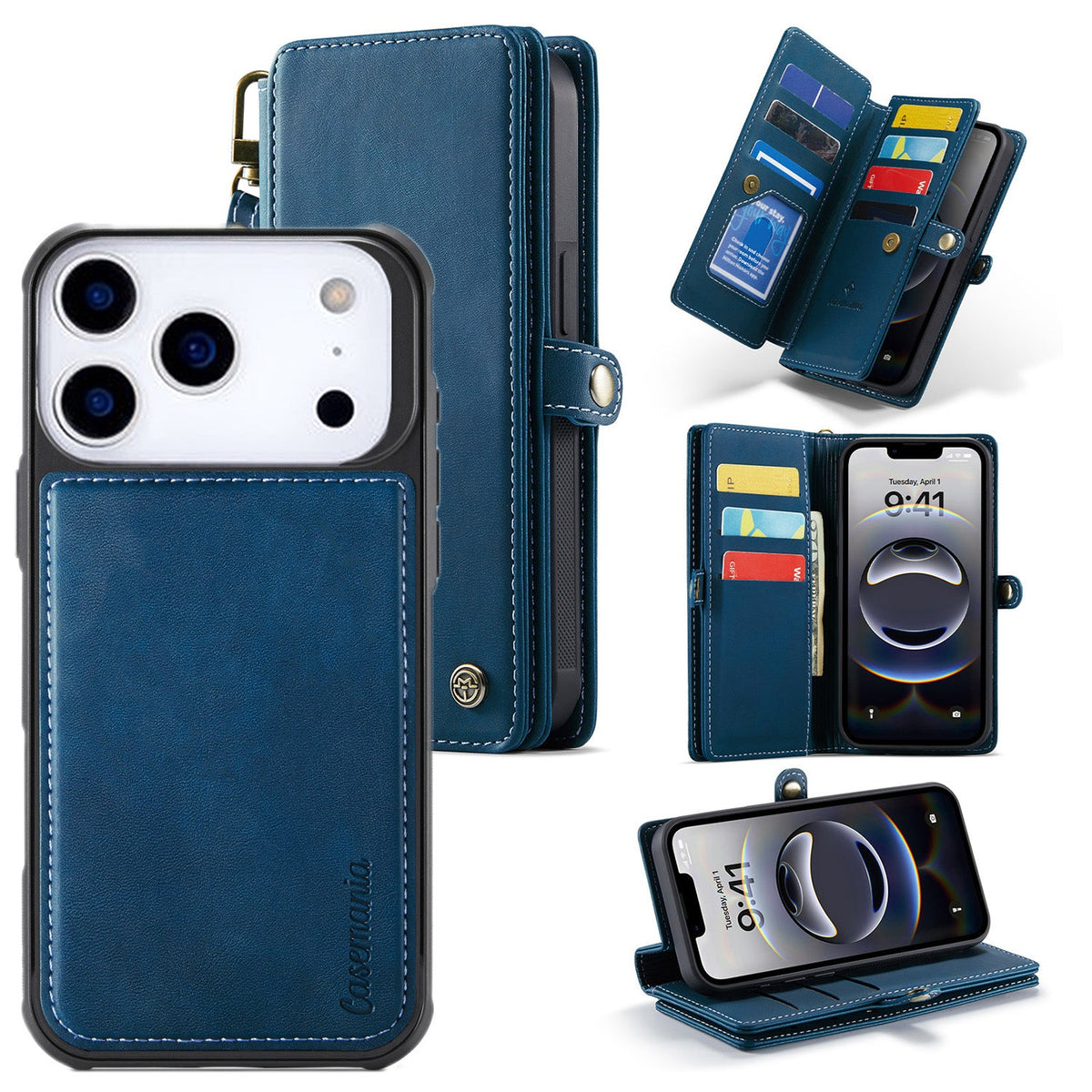 Apple iPhone 17 Pro Hoesje - Navy Blue - Luxe 2 in 1 Bookcase met 10 Kaart Vakken en Polskoord