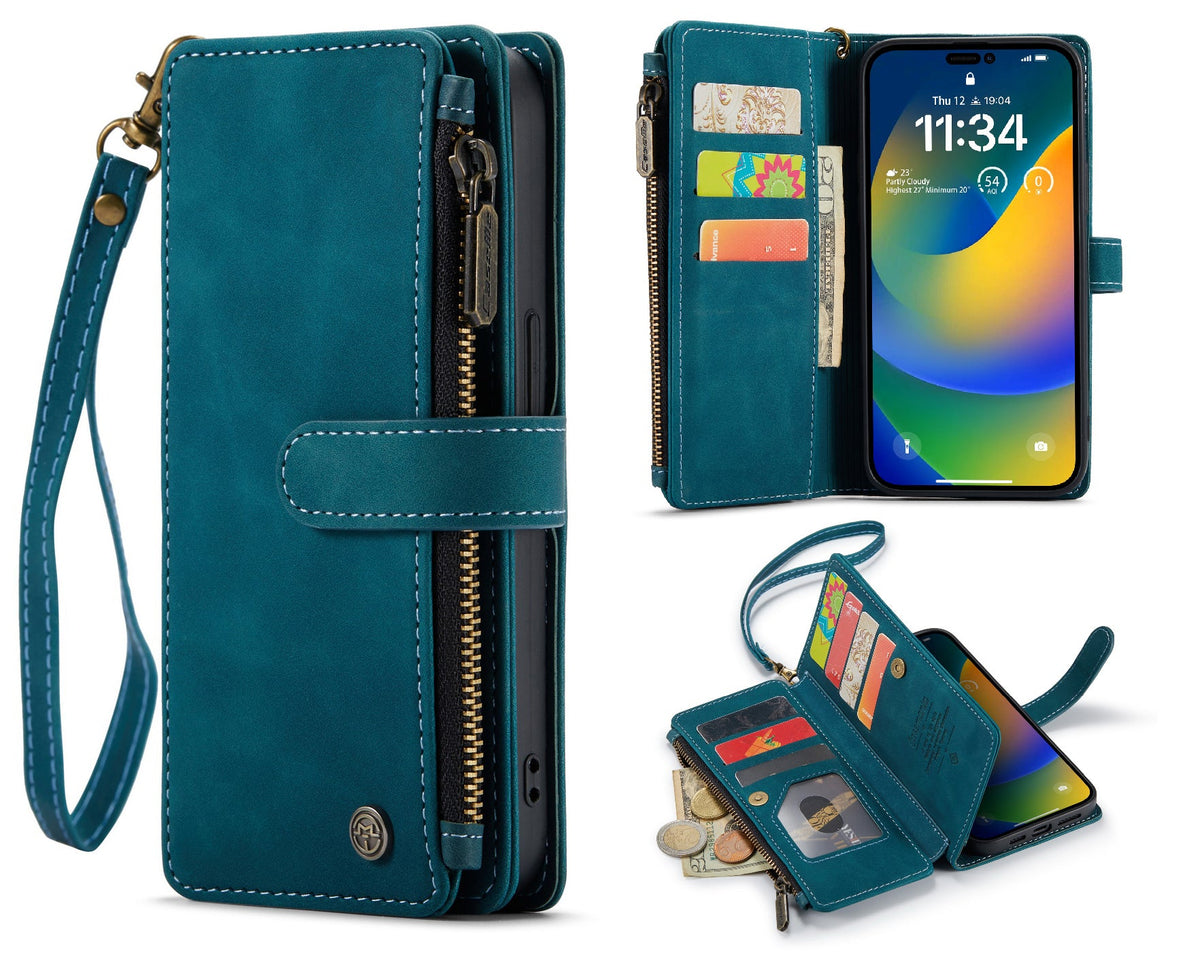 Apple iPhone 14 Pro Hülle - Emerald Green - Luxus Klapphülle mit Kartenfach, Reißverschluss und Handykette