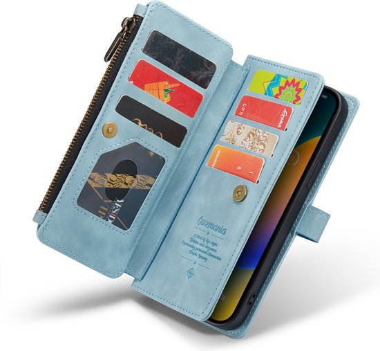 Apple iPhone 14 Pro Hoesje - Aqua Blue - Luxe Bookcase met Rits en Telefoonkoord