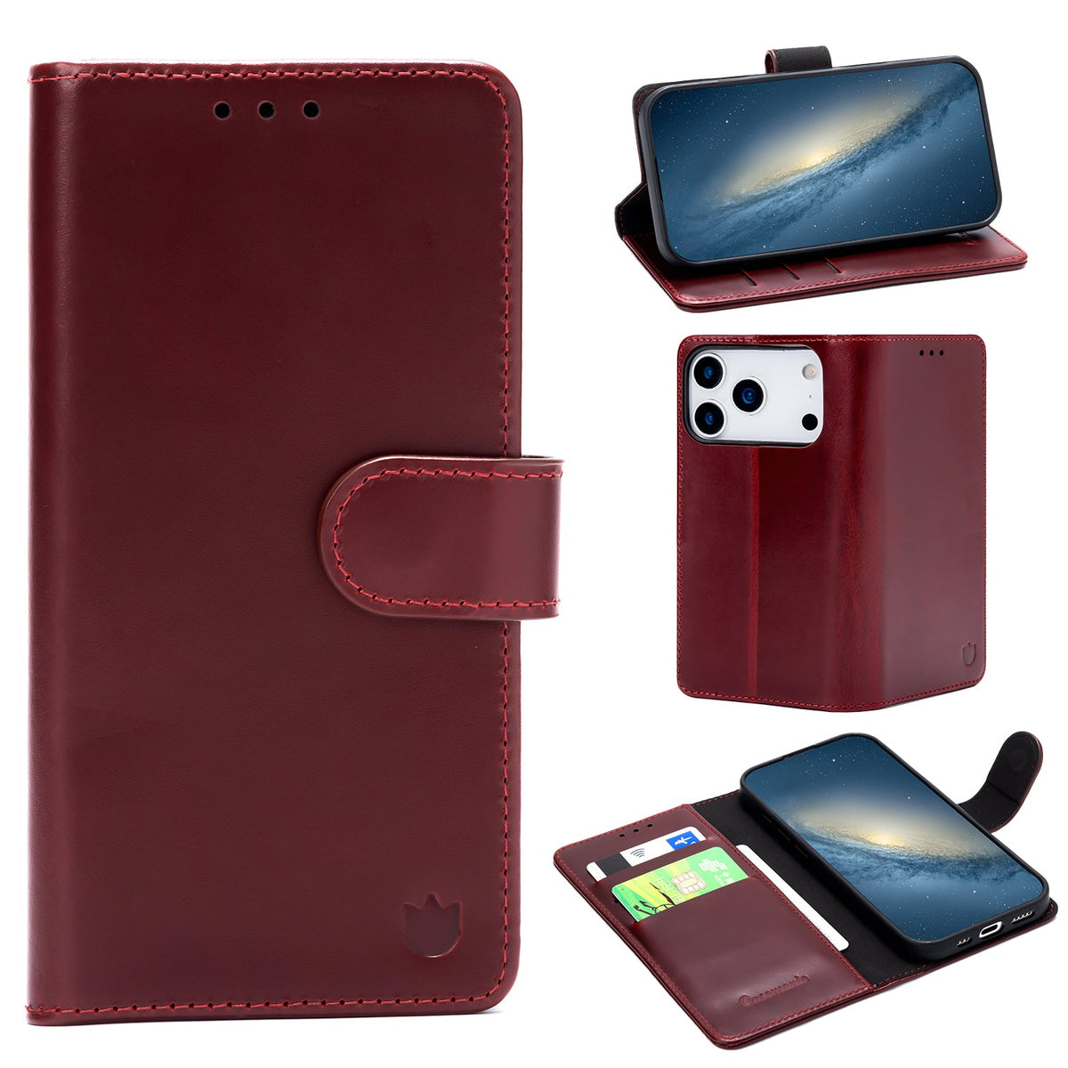 iPhone 17 Pro Max Hülle - Burgunderrot - Echtleder-Bookcase