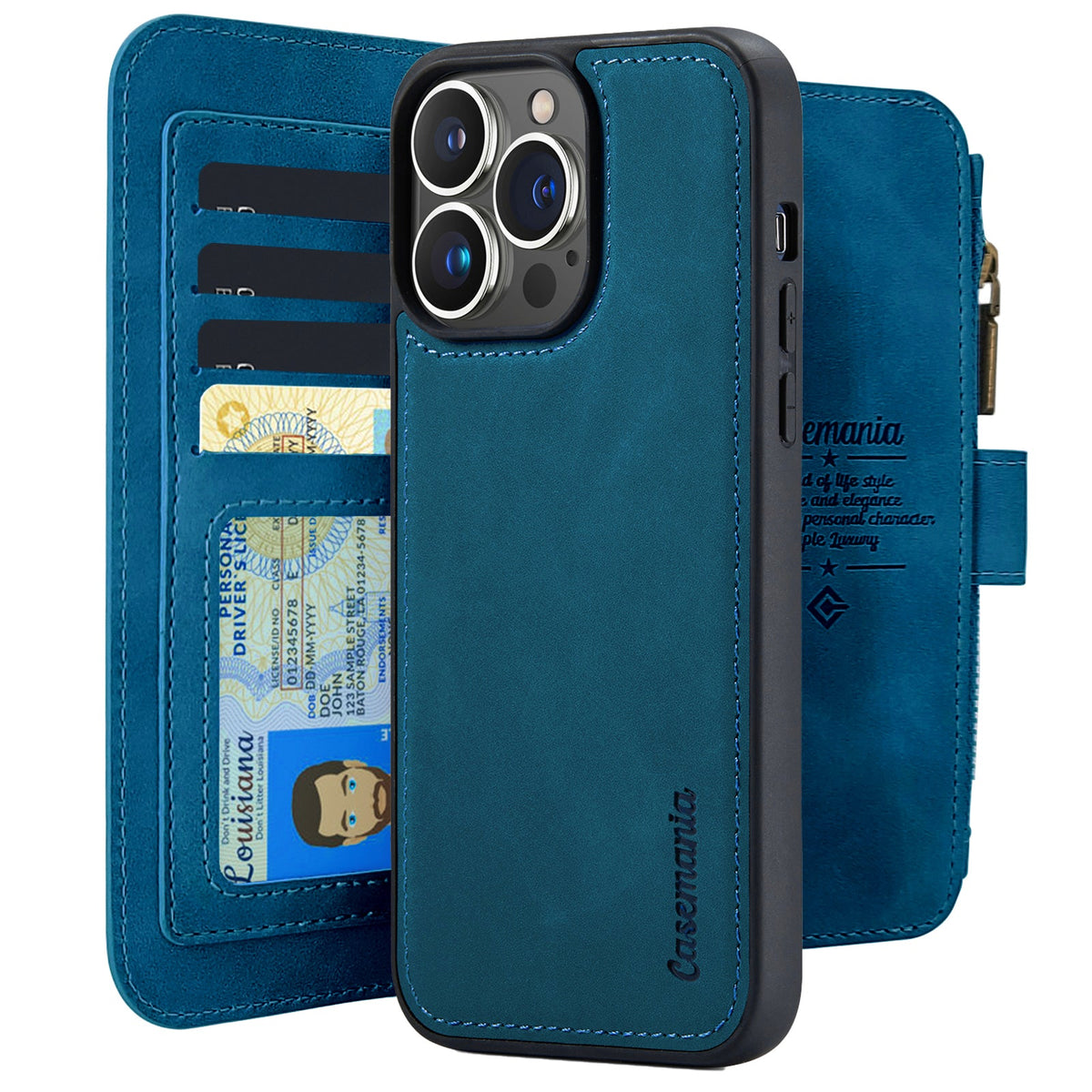 Apple iPhone 16 Pro Hülle - Navy Blue - 2-in-1 Klapphülle mit Kartenfach und Reißverschluss