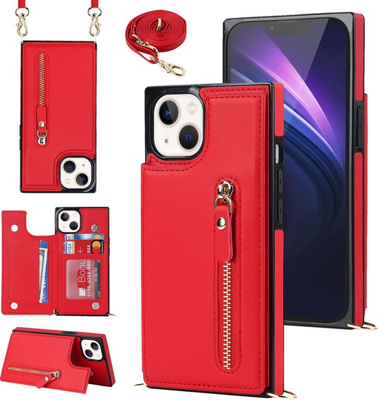 Apple iPhone 15 Hoesje - Rood - Luxe Back Cover met Telefoonkoord en Rits