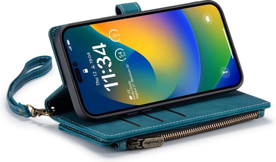 Apple iPhone 14 Pro Hülle - Emerald Green - Luxus Klapphülle mit Kartenfach, Reißverschluss und Handykette