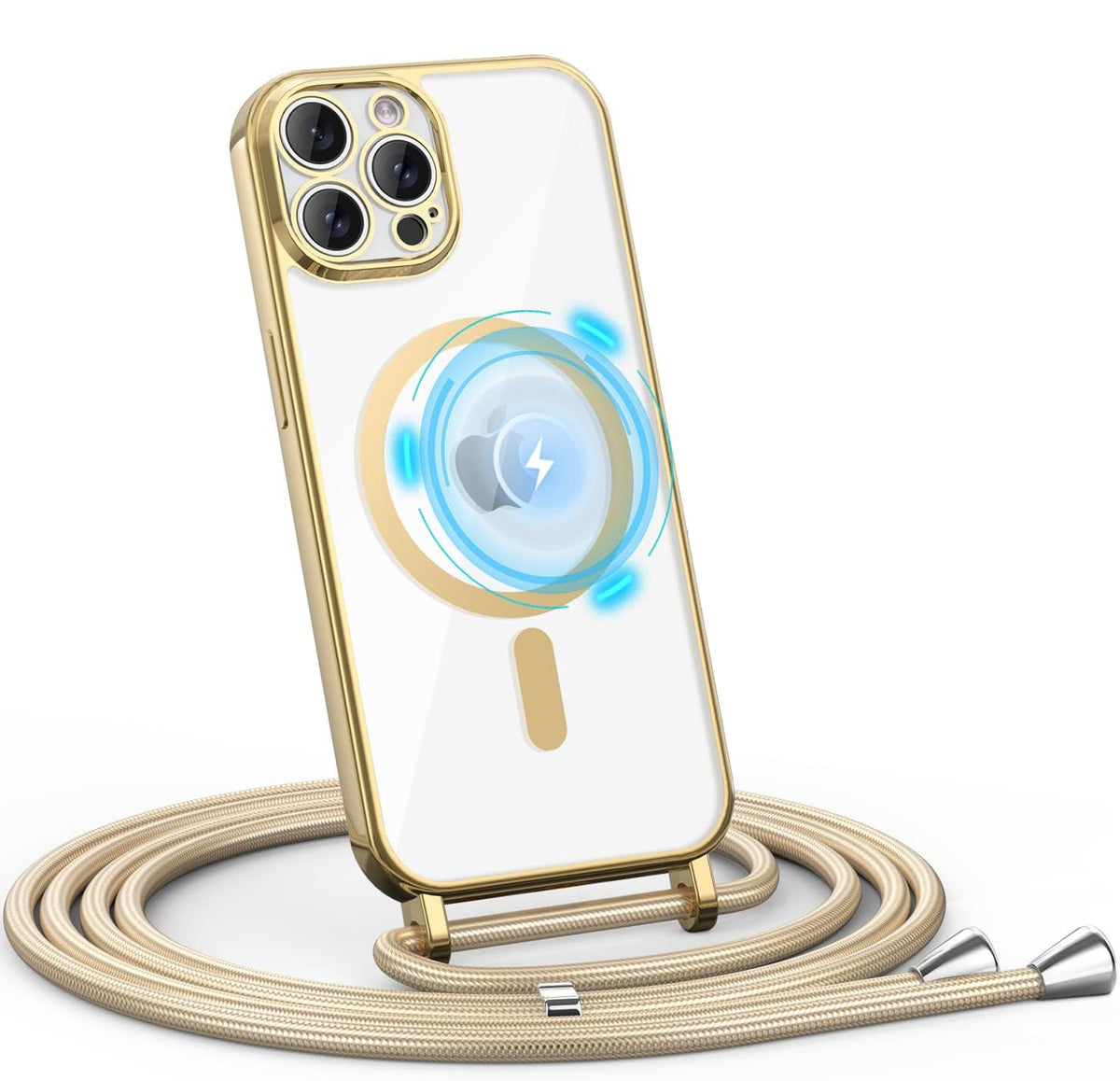 iPhone 16 Pro Max Hoesje - Goud - Siliconen MagSafe Back Cover met Telefoonkoord