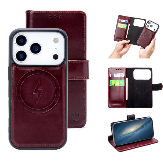 Apple iPhone 18 Pro Max Hülle - Burgundy Red - Echtleder-2-in-1-MagSafe-Klapphülle mit Kartenfach